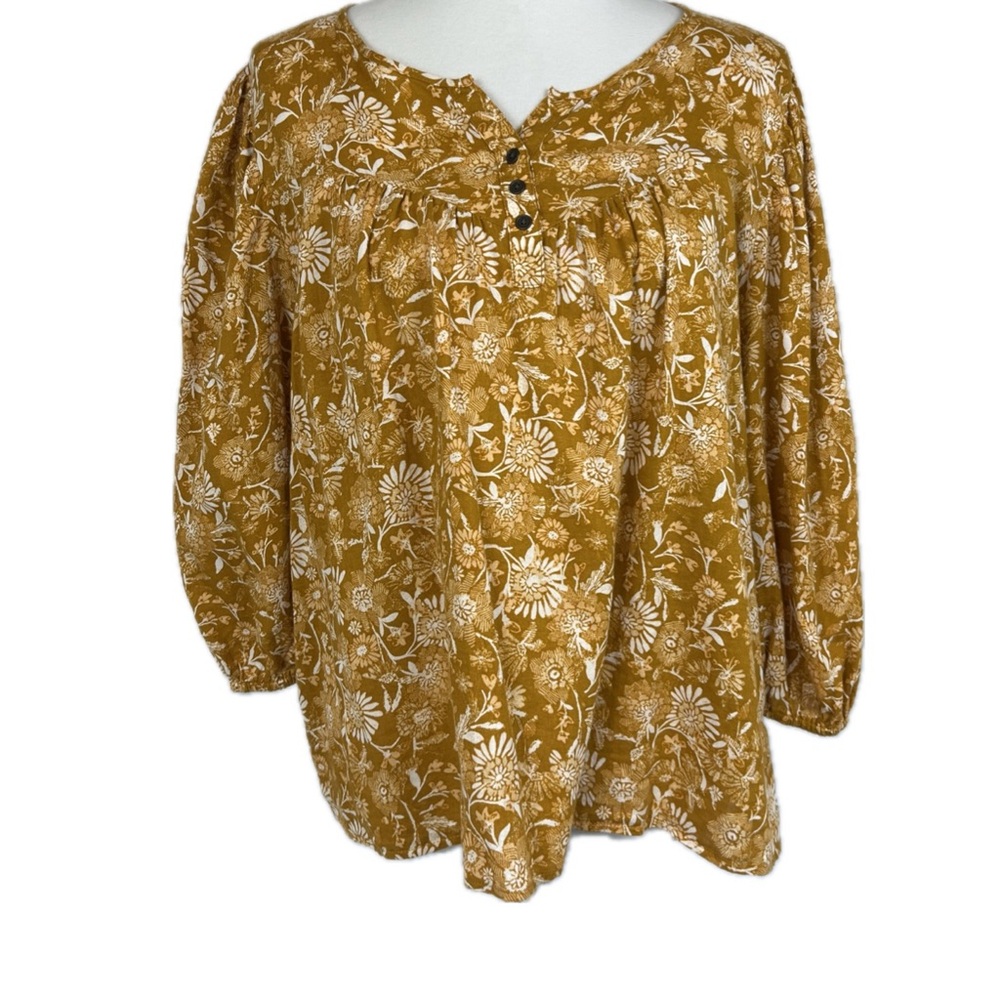 A.n.a Women's Mustard Floral Peasant Top Size XL Cottagcore Prairie Boho Country